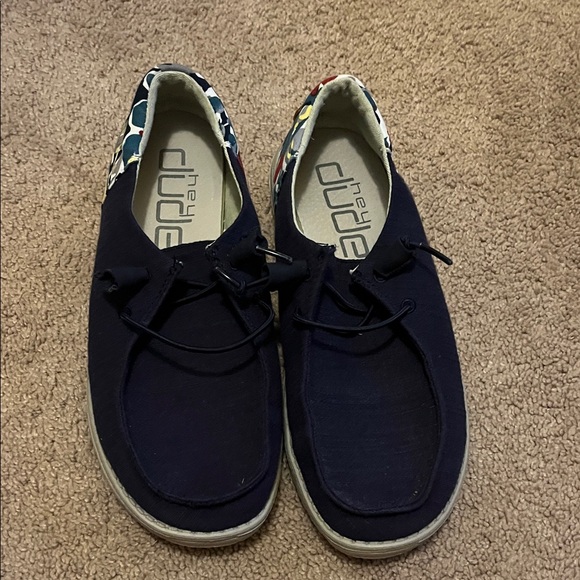 Hey Dude Dark Blue Shoes with Patterned Trim - Picture 1 of 5